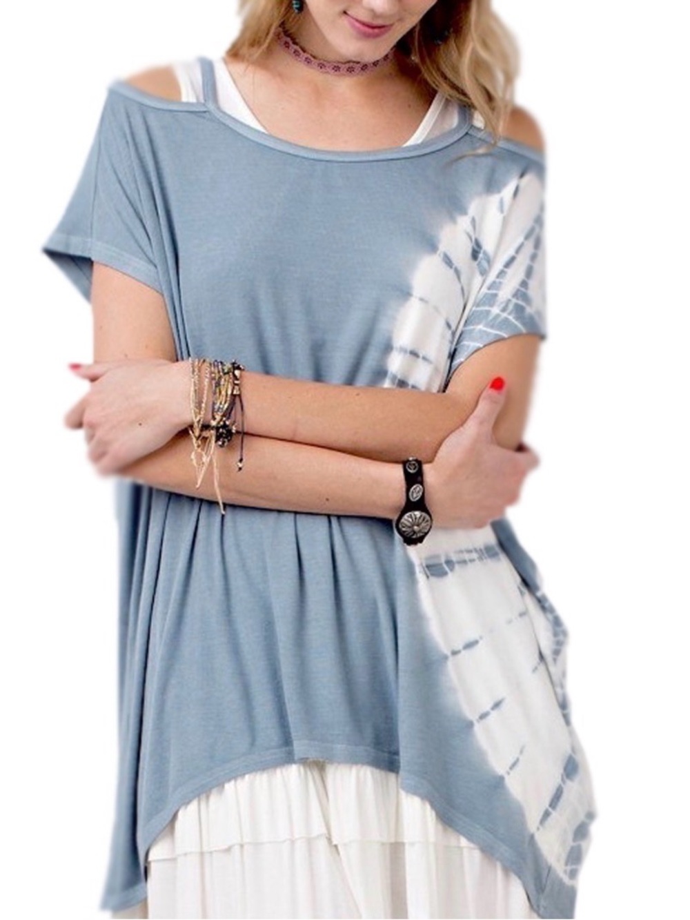 Easel Blue White Tie Dye Cold Shoulder Boho Tunic Top - Womens Small